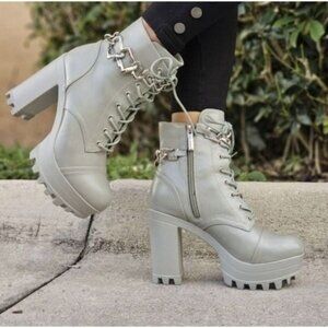 Women's Platform Heel Boots Chunky Ankle Lace Up Olive Color